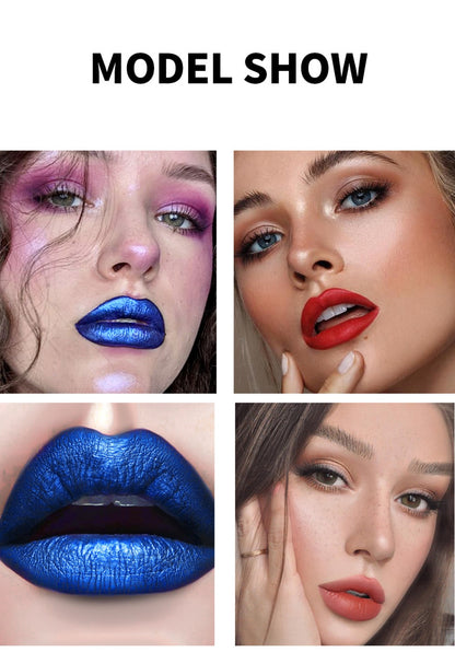 Lip Stain Set 6 Colors Matte Velvet Waterproof Smudge-Proof Long Lasting Lip Gloss Metallic Blue Cobalt Shades Vegan Hypoallergenic All Skin Tones