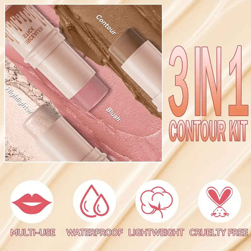 3pcs Contour Stick, Blush Stick, Highlighter Stick, Bronzer Stick - 3pcs Cream Contour Kit For A Flawless Look, Contour Stick Makeup Non-Greasy Waterproof, Long-lasting Fair-Medium - Christmas Gift