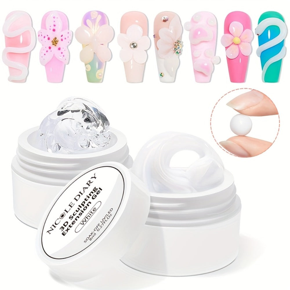 NICOLE DIARY 2pcs/3pcs 3D Carving Nail Gel Polish with Carving Pen White Clear 3D Sculpting Flower Gel Extension Gel Nail Nail Art Carving Gel Modeling Gel Nail Polish Manicure Nail Salon Home Use
