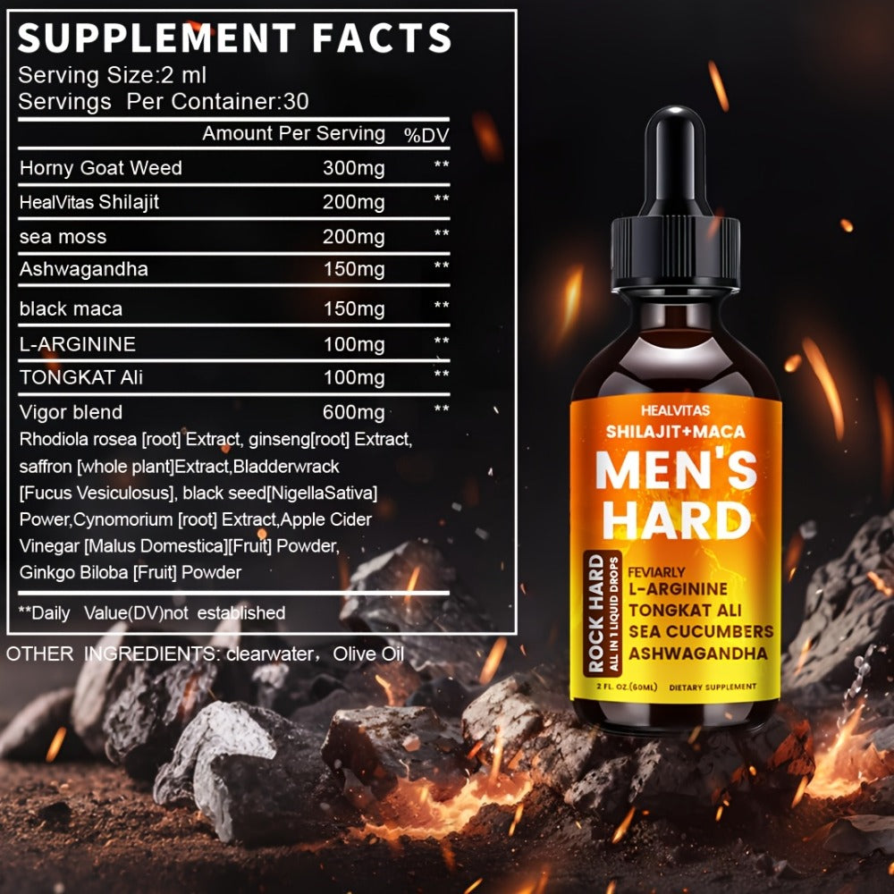 Booster for Men, Men's Hard Liquid Drops, Men's Daily Support, Drive, Long-Lasting, Level Up Manhood, Boost Your T, Support Mood, Rock Hard, Men's Multivitamin with Shila, Maca, Longjack, Fast-acting for Women &men