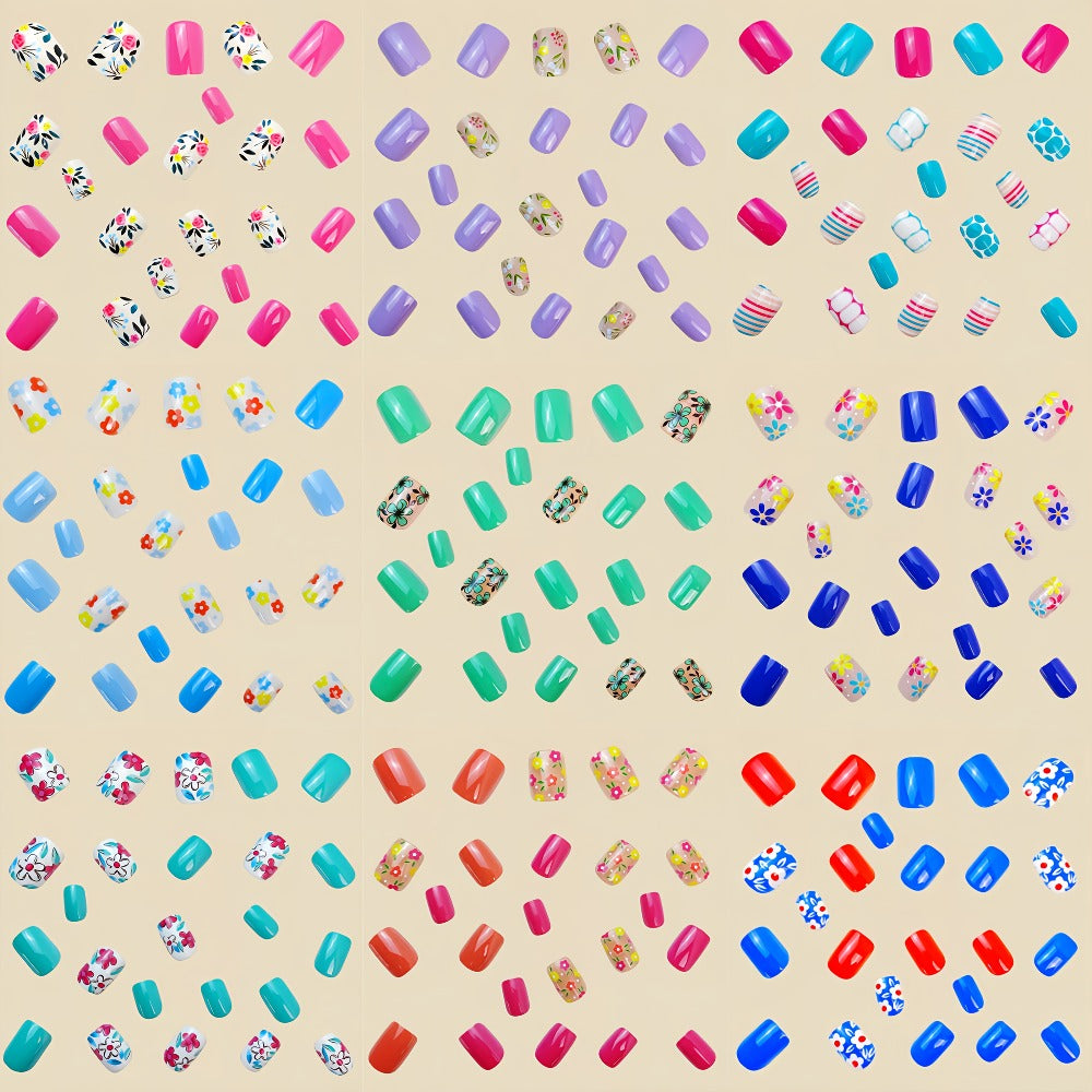 Set of 216 Press-On Fake Nail Stickers, Featuring Short Floral Designs Perfect for Spring And Summer. This Easy And Stylish Pack Includes a Variety of Plant And Flower Combinations, Comes in a Removable Box