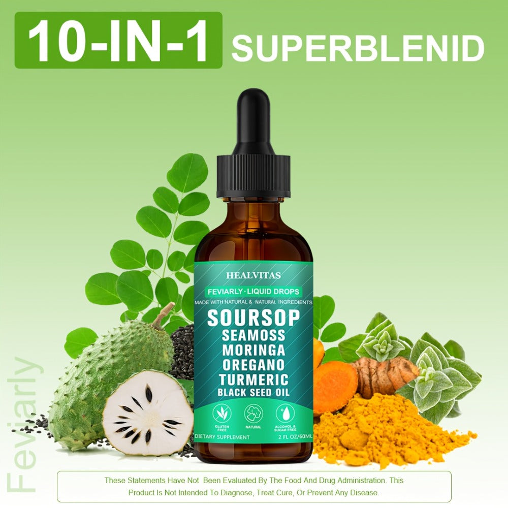 Soursop Liquid Drops | Soursop Bitters Liquid Drops 10in 1 with Sea Moss, Moringa, Turmeric, Black Seed Oil, Oregano, Ashwagandha | Herbal Extracts for Overall Health Supports