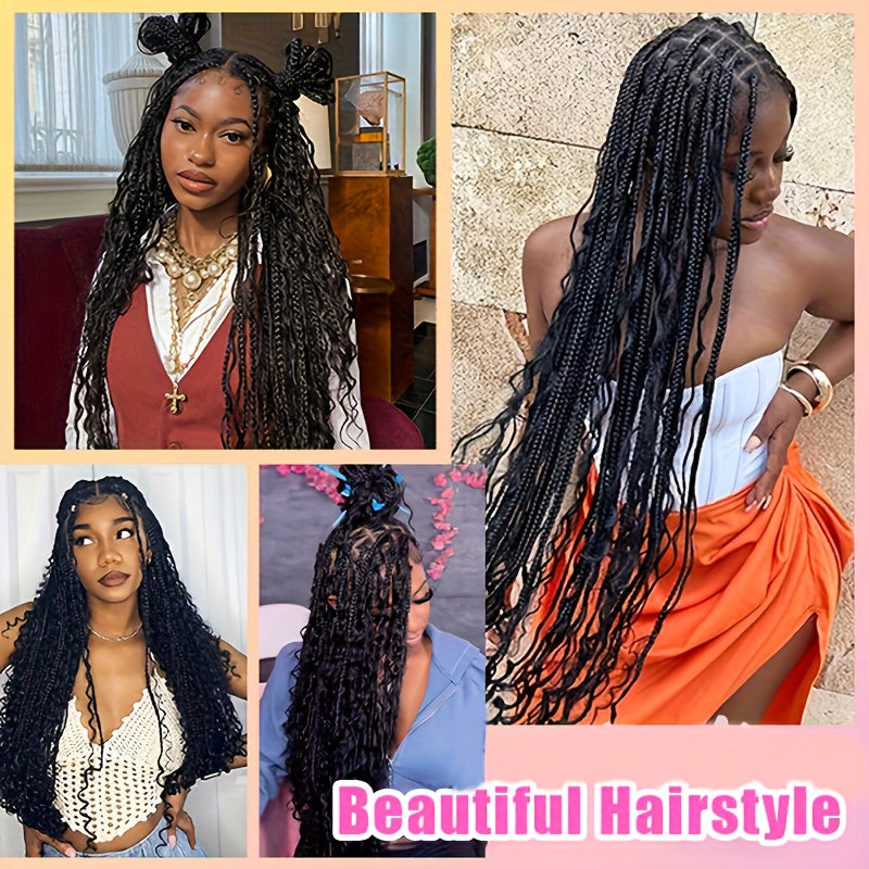 Bohemian Woven Wig Bohemian Style Square Braided Wig Knotless Goddess Braided Wig with Double Full Lace Square Artificial Woven Wig with Suitable for Women Natural Black 36 Inches