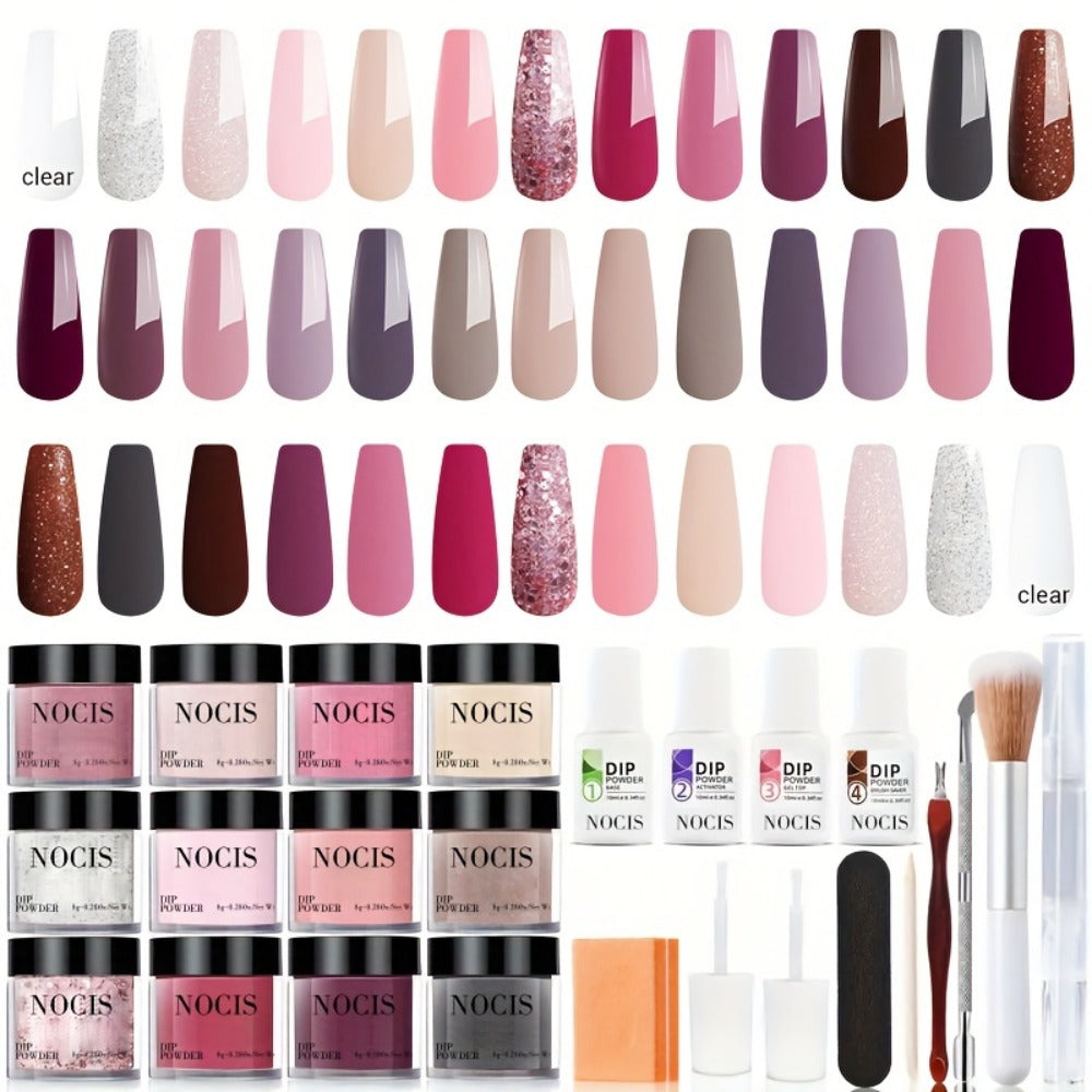 NOCIS 33pcs Impregnation Powder Nail Art Kit - Dip Manicure Kit with 20 pink purple brown Glittering Colors, Top/Primer Activator, and French Style Nail DIY Essentials for Salon-Quality Results at Home - Perfect Gift for Girls