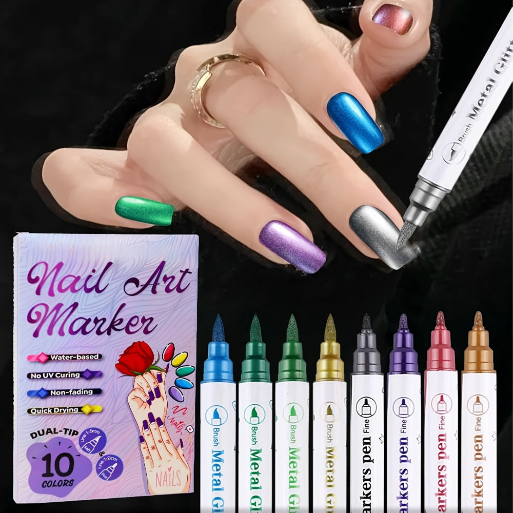 10 Colors 3D Nail Art Pens DIY Set, Double Ended Metallic Nail Marker Pens Graffiti Dotting Drawing Painting Liner Pen, Quick-Drying Acrylic Paint Pen for Home Salon Quickly Dry Nail Art
