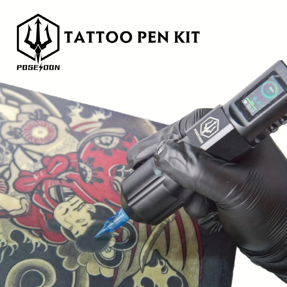 POSEIDON Tattoo Gun Kit-Tattoo Pen with 20pcs Tattoo Needles Cartridge And Wireless Power, Tattoo Pen Kit with Digital LED Display, Tattoo Machine Tattoo Supplies for Artist