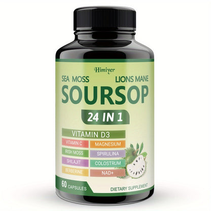 Soursop Capsules 24-in-1 Herbal Supplement — with Turmeric, Spirulina, Vitamin D3 & Sea Moss | Immune, Antioxidant & Gut Health Support | 60 Capsules per Bottle