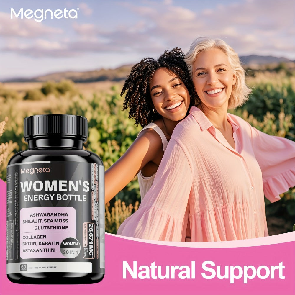 Megneta Women Energy Supplement, 20in 1 Energy Capsules for Women, Vitamins & Minerals, Sea Moss, Shilaji, Ashwagandha, for Energy, Focus, And Womens Health, Energize By Daytime&Enjoy By Nighttime