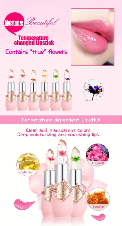 Color Changing Lip Balm 6 Pack — Temperature-Sensitive Jelly Lipstick with Dried Flower Extract, Sheer Moisturizing Clear Gloss, Natural Pink Tint, Long-Lasting Hydration for Women