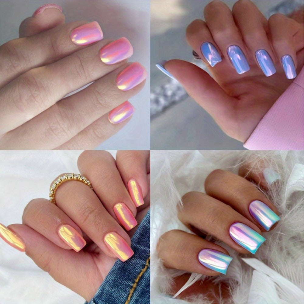 96pcs (4 Pack) Pink Chrome Press-On Nails Kit - Short Square Personalized Acrylic Nails for Women - Summer Dating