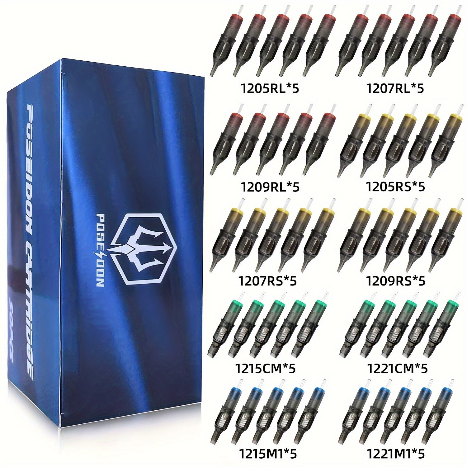 Poseidon Tattoo Cartridge Needles 50pcs Assorted Mixed Size Round Liner 12 Standard 3rl 5rl 7rl 9rl 11rl Disposable Membrane Tattoo Needles Long Taper for Makeup