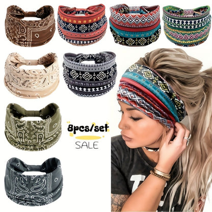Headbands for Women 8 Pack Wide Floral Turban Head Bands Non-Slip Elastic Boho Hair Wrap for Sports Yoga Running Workout Sweatband Fashion Hair Accessories for Women Men Daily Use Gift Set