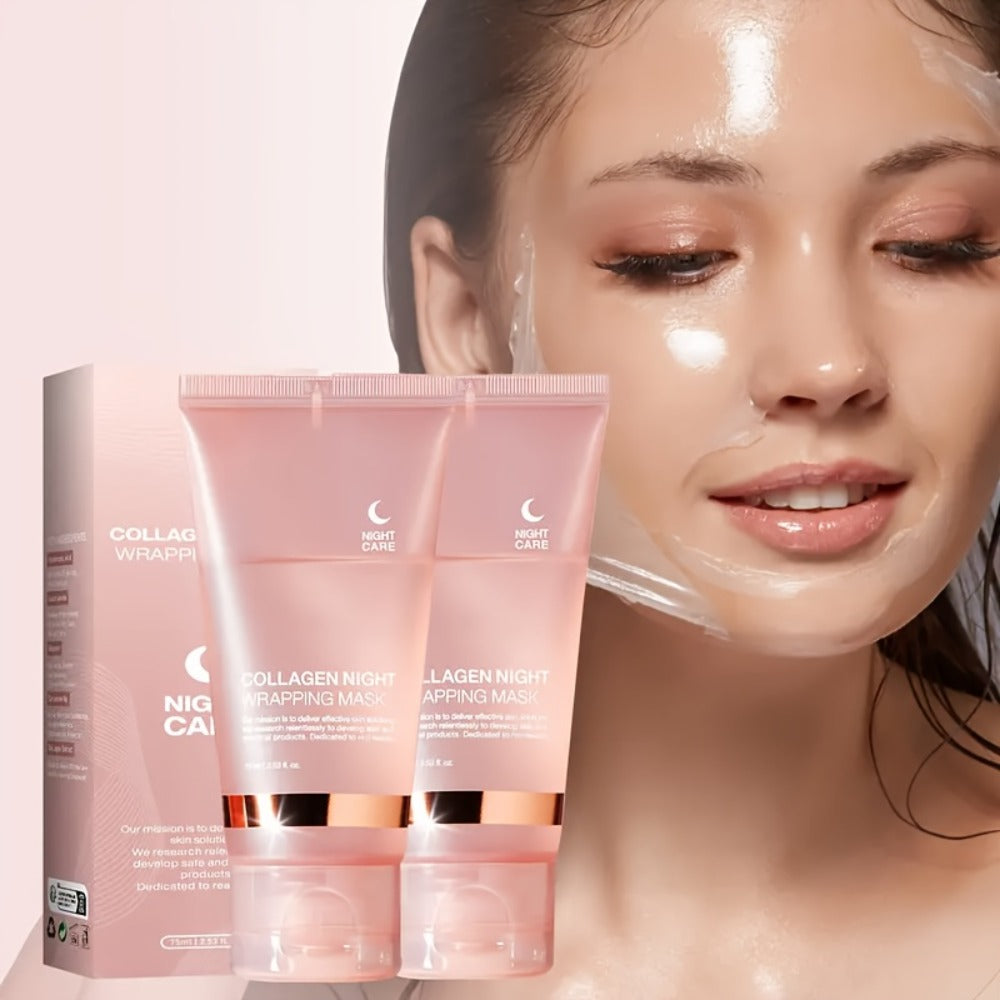 3pcs Collagen Night Wrap Mask with Jelly Brush, Alcohol-Free And Gentle, Deeply Moisturizing And Nourishing, Suitable for All Skin Types, Glossy, 2.54 Oz*2, Valentine'S Day Gift, Essential for