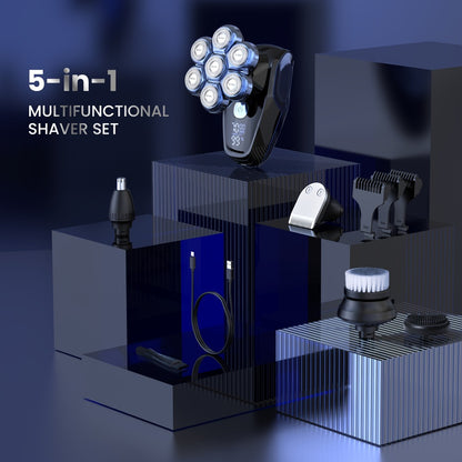 Electric Head Shaver for Bald Men 7D 7 Floating Heads — All-in-One Grooming Kit with Nose Hair Trimmer & Facial Cleaning Brush, 1.5H Fast Charging, Travel Lock, Rechargeable Men's Razor Gift Set (Blue/Black/Gold/Coffee)