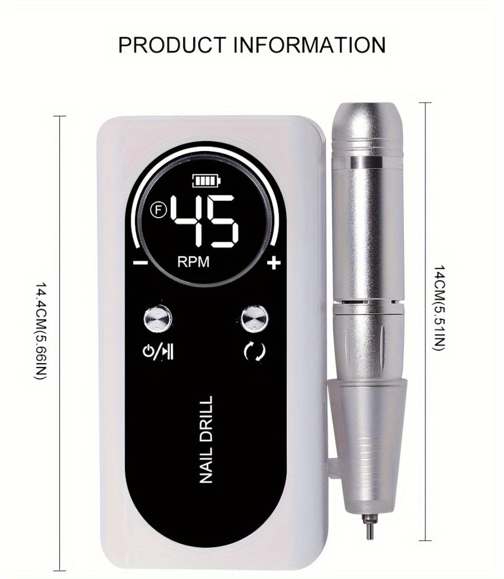 45000RPM Adjustable Speed Low-noise Nail Drill Cordless Display Power Portable Nail File Nail Grinder Suitable for Home Nail Salon Gel Nail Polishing for Nail Salon And Home