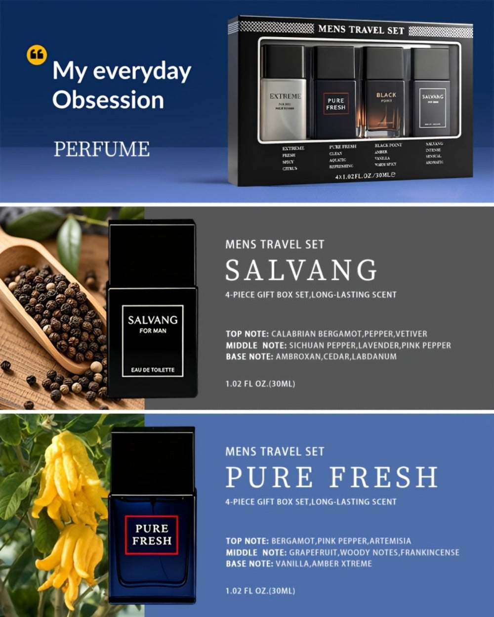 EDT Cologne Gift Set for Men 4 Piece Variety | 4 Different Scents Long Lasting Fragrance Mini Bottles 0.85oz Each | Holiday Birthday Dating Party Gift Box