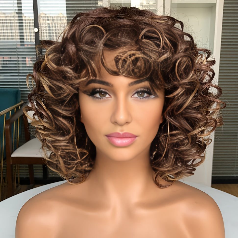 Elegant 14" Short Curly Wig with Wispy Bangs for Women - Natural Look, Heat Resistant Synthetic Jerry Curl Shag Hair, Perfect for Daily Wear & Cosplay