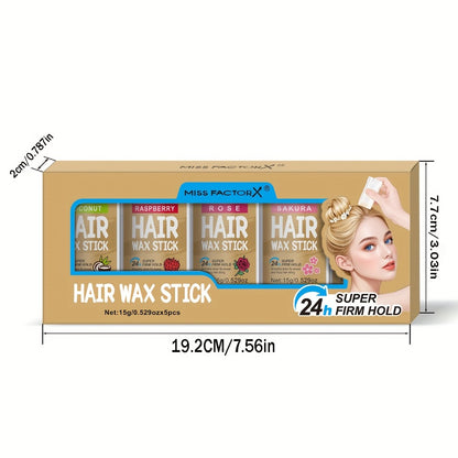 Hair Wax Stick – 5-Pack Fragrance-Free Styling Wax with Jojoba Oil for All Hair Types, Strong Hold, Natural Finish, Travel-Friendly Hair Wax Sticks