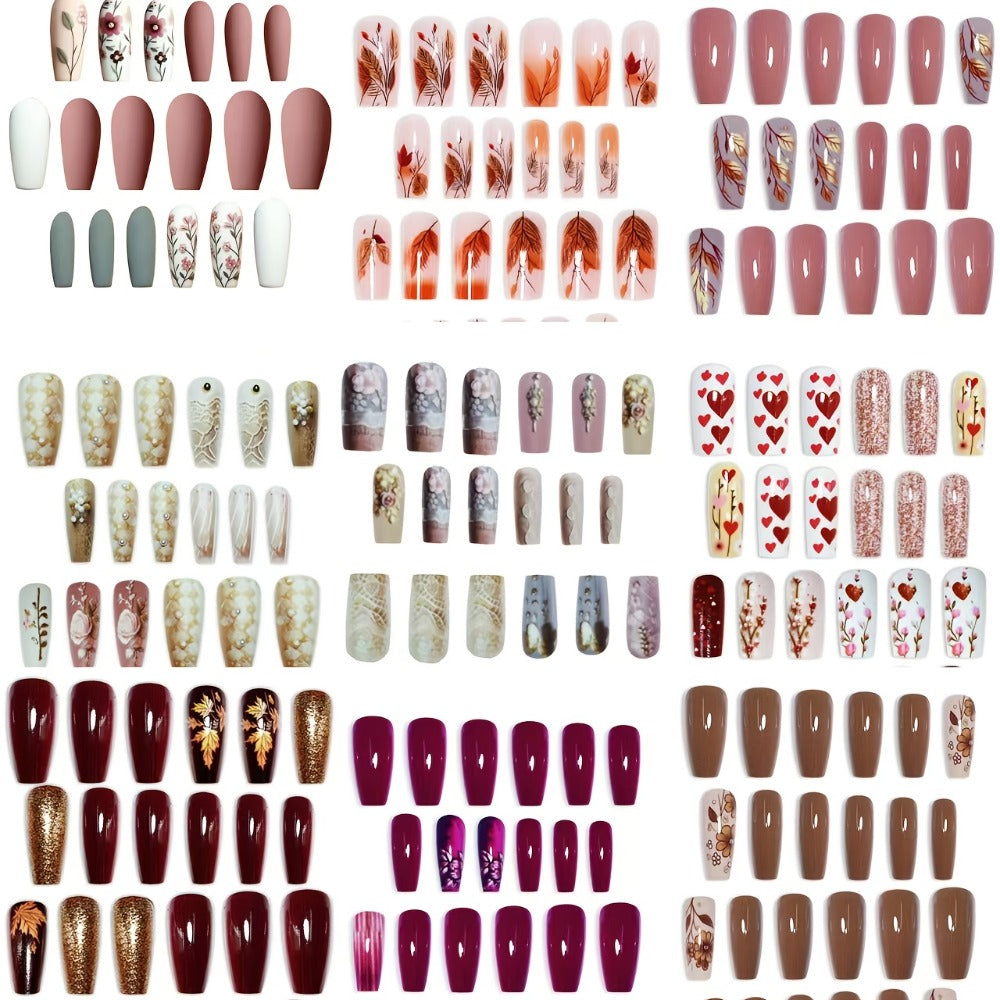 216pcs Ballet Nail Shape Press On Nails Set, Mixed Color System with Flower & Maple Patterns, Middle Length with Glossy Finish - Seasonal Fashion Kit Including Jelly Adhesive & Nail File