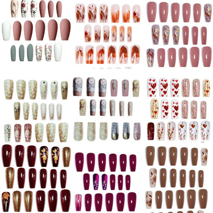 Ballet Press On Nails 216pcs Middle Length - Mixed Color Flower Maple Pattern Glossy Full Cover False Nails with Jelly Adhesive & Nail File Seasonal Fashion Kit for Women 9 Pack