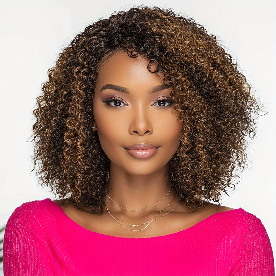 Highlight Short Kinky Curly Human Hair Wigs with Bangs Easy Wear Glueless Wig Brazilian Remy Short Curly Bangs Wig Human Hair for Women