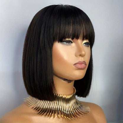 Human Hair Wig Short Bob Straight with Bangs Brazilian 200% Density Glueless Full Machine Made for Women Black 8 10 12 16 Inch Natural Hairline
