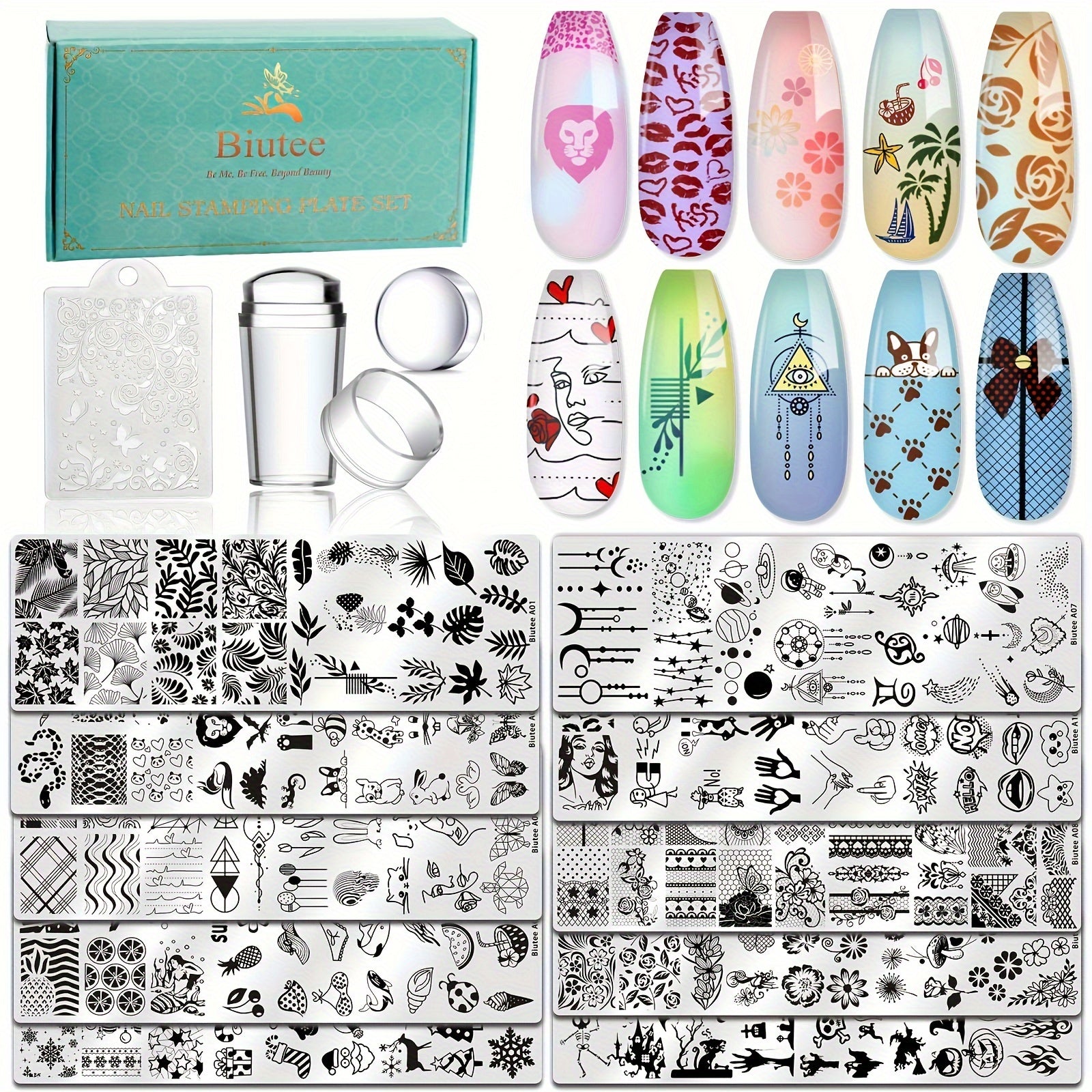 Biutee Nail Stamping Plate Set Of 14pcs, Including 10 Mini 1.57*4.72 inch Metal Plates, 1 Single-head Stamp, 2 Clear Stamp Heads, And 1 Pattern Scraper