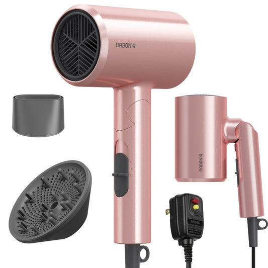 Travel Hair Dryer 1875W Ionic Foldable — Diffuser & Concentrator Nozzle Included, 3 Heat Settings, 2 Speed Levels, Fast Drying Compact Hair Dryer for All Hair Types