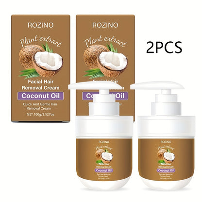 Coconut Oil Hair Removal Cream 2-Pack Gentle Depilatory for Women & Men — Natural Ingredients Deeply Hydrating Minimizes Irritation, Smooth Skin for Face Legs Arms Body, At-Home Painless Hair Removal Set