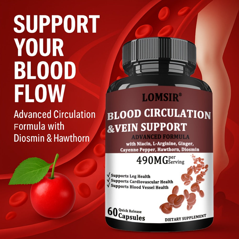 Blood Circulation Supplement, Supports Leg Vein, Heart, Vessels And Cardiovascular Health with Niacin, L-Arginine, Ginger, Cayenne Pepper, Hawthorn, Diosmin, Blood Flow Pills - 60 Capsules