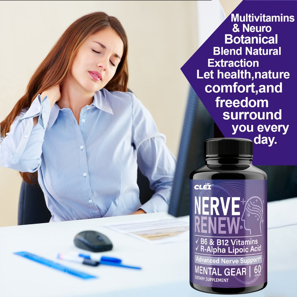 NERVE RENEW CAPSULES. Healthy, Natural. Vitamin B Complex, R-Alpha Lipoic Acid, Sports Health, Neuro Botanical Blend, Antioxidant. Enioy A Healthy Lifestyle And Travel. For Office Workers - 60 Caps
