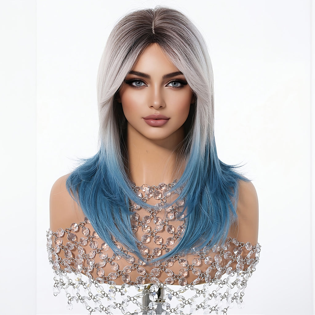 A 22-Inch Stylish Wig for Women Featuring a Beautiful Gradient Blue Color with Bangs And Layers, Made from Synthetic Fibers. It Comes with a Rose Hair Net And Can Withstand High Temperatures, Making It Perfect for Cosplay, Parties, Travel, Weddings