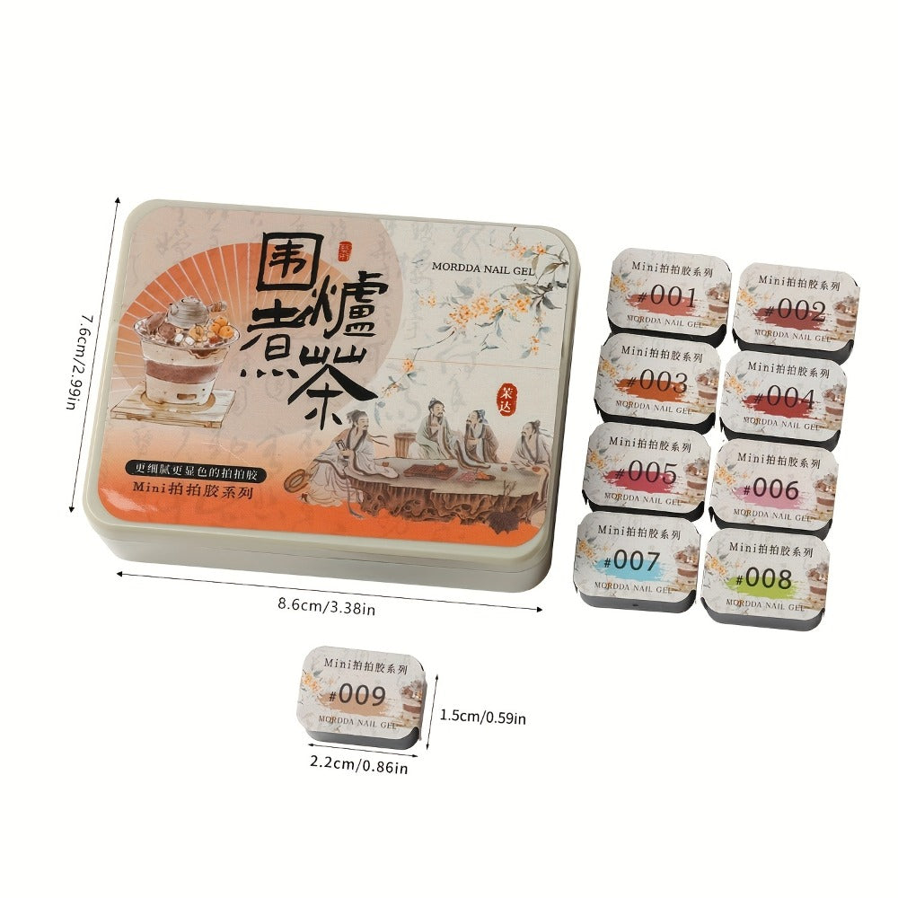 MORDDA Nine-Grid Tea Brewing Around The Stove 9pcs/Set---Autumn And Winter New Nail Polish Glue 9pcs/Set Firm And Durable Pat Glue Gradient Effect Christmas Nail Art Gift Nail Salon Nail Art