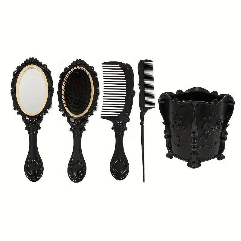 Black Mirror Comb Set, Scalp Massage Hairbrush with Mirror, Retro Hair Comb, Makeup Hair Comb