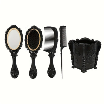 Hair Comb Set with Mirror Scalp Massage Hairbrush Retro Pocket Mirror Comb Makeup Vanity Brush Set for Women Girls Travel Daily Grooming Black