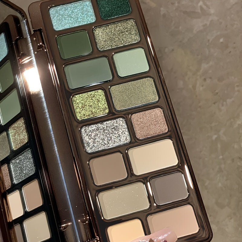 [16-Color Eyeshadow Palette] Smoky Retro Eyeshadow Set Pearlescent 16-Color Eyeshadow Palette - Matte, Soft And Glitter End, Gray, Green, Earthy Tones of Smoky Retro Look, Highlights And Blush Multi-Purpose Makeup Palette, Compact Design, Beauty Anytime,