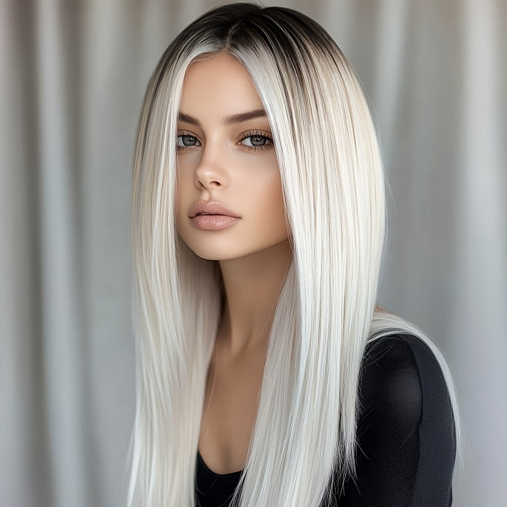 26 - Inch Elegant Women'S White Ombre Straight Wig With A - Line Bangs. Made Of Heat - Resistant Synthetic Fiber, Glue - Free, Breathable & Ultra - Light For All - Day Comfort And A Natural Look. Perfect For Daily Wear, Festivals And Parties
