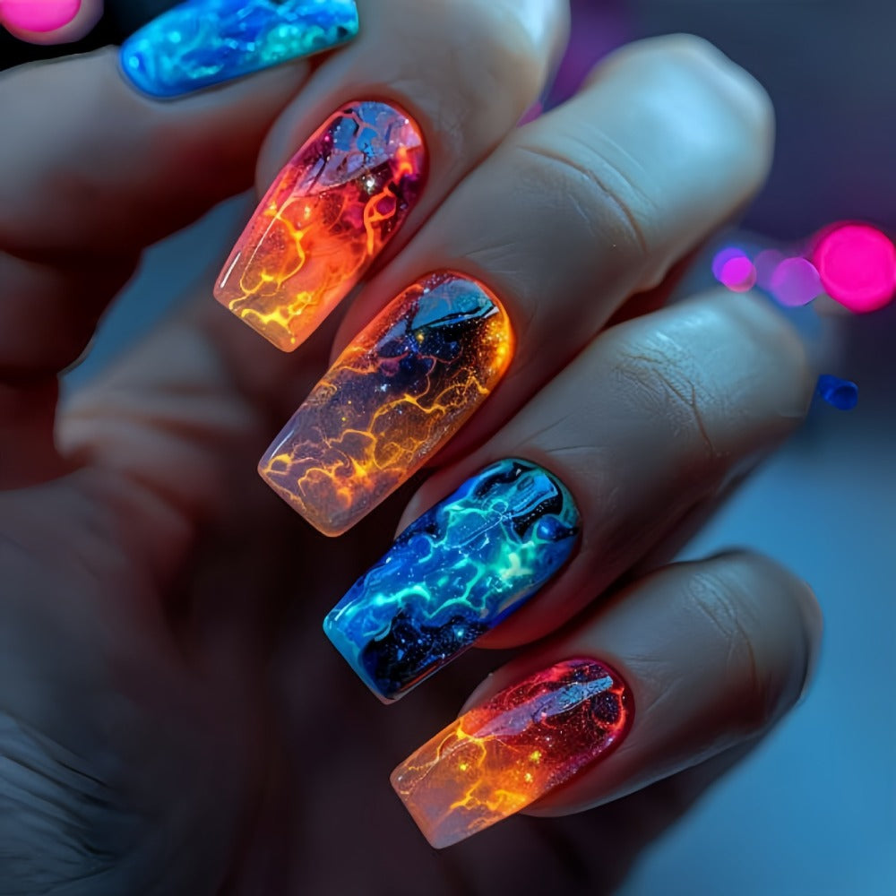 216pcs (9 Sets) of Green Glitter Lightning Press-On Nails - Medium Length, Ballet Shape, Removable Fake Nails Featuring a Striped Design for Hands