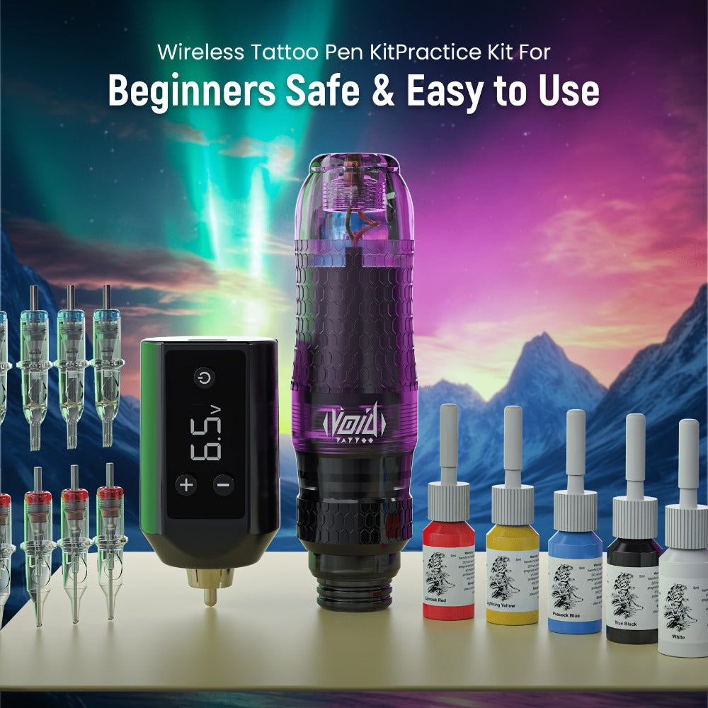 VOID Wireless Tattoo Pen Kit | Cosmic Purple-Aurora Green | 1200mAh Battery | LED Display | Tattoo Needle| Anti-slip Grip Beginner Practical Kit