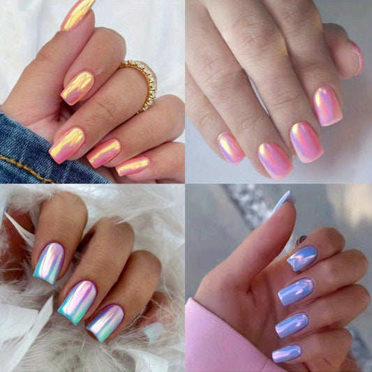 96pcs (4 Pack) Pink Chrome Press-On Nails Kit - Short Square Personalized Acrylic Nails for Women - Summer Dating