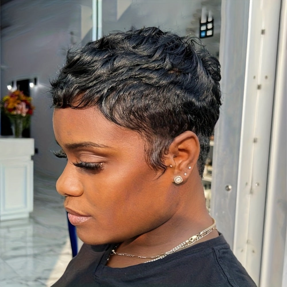 1pc Women'S Short Pixie Cut Wig - 150% Density Brazilian Human Hair, Basics Style Straight, Machine Made Rose Net Cap, Easy to Wear for Beginners