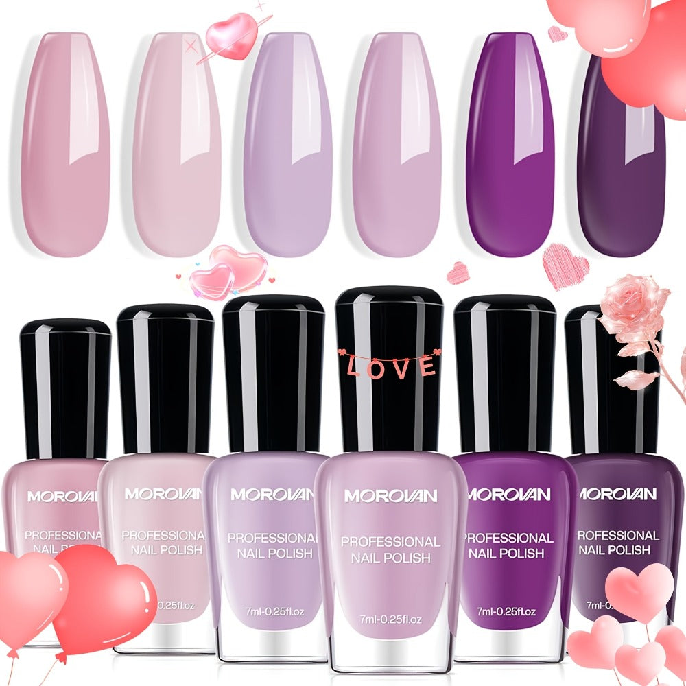 Morovan 6pcs Nail Polish Set, No Bake Quick Drying Durable Nail Polish, Suitable for Salon DIY, Lilac Purple Nude Pink Quick Dry Nail Polish Kit, Durable Nail And Toenail Polish for Women And.