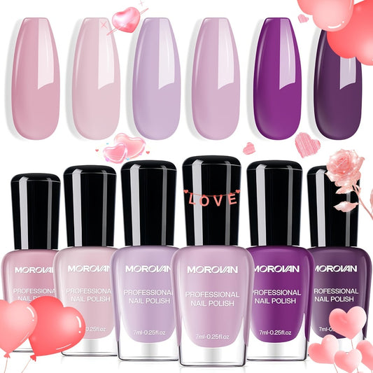 Morovan 6pcs Nail Polish Set, No Bake Quick Drying Durable Nail Polish, Suitable for Salon DIY, Lilac Purple Nude Pink Quick Dry Nail Polish Kit, Durable Nail And Toenail Polish for Women And.