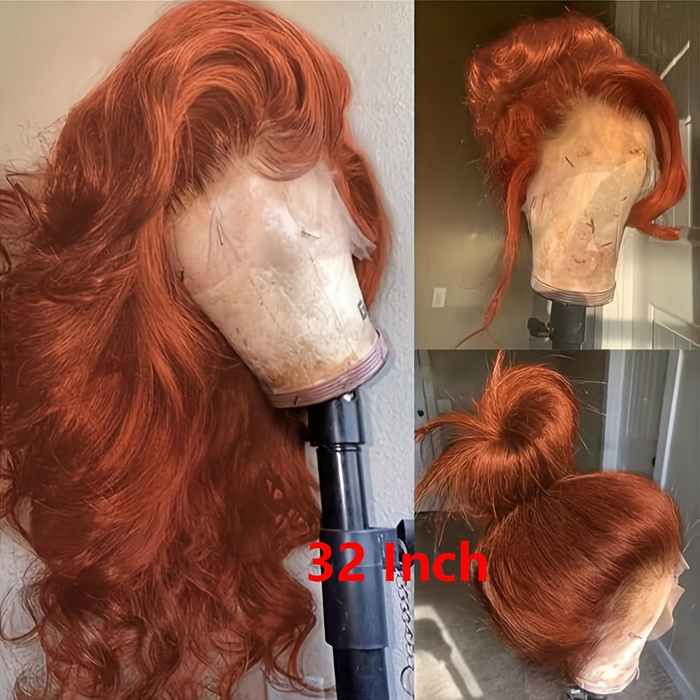Body Wave Lace Front Wig Synthetic Glueless — Heavy Density, Long 26–34 Inch, Dark Brown, Red, Orange-Red & Black, Women's Wig for Daily Wear, Party & Cosplay