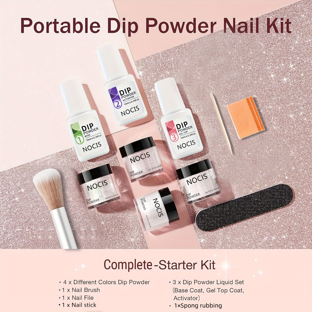 Dip Powder Nail Kit 4 Colors Glitter & Nude Shades - French Manicure Set with Base Coat Top Coat & Activator for Salon-Quality Nails at Home - Perfect Gift for Women
