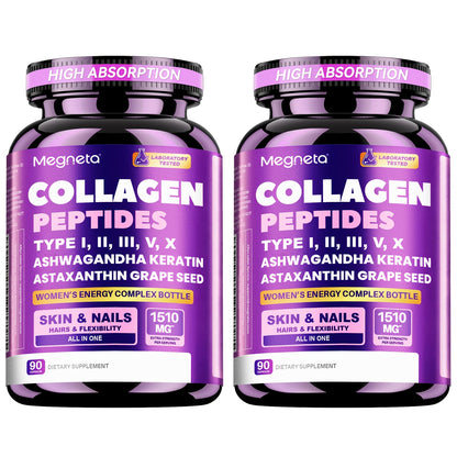 Collagen Capsules Type I II III V X with Vitamin C, Hyaluronic Acid & Biotin - Skin Hydration, Elasticity, Hair & Nail Support Supplement for Men & Women - 3rd Party Tested, 90 Capsules