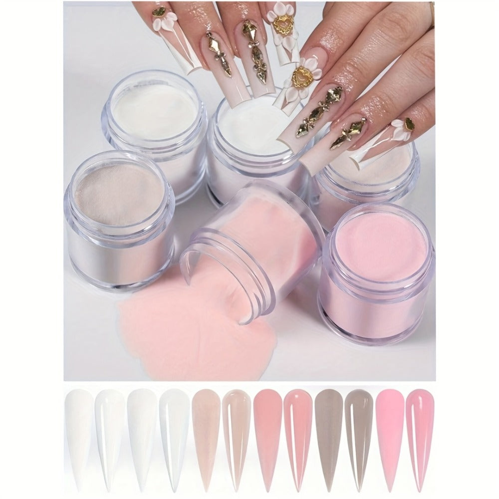 Set of 6 Acrylic Powders in Nude, Pink, And White, Featuring a High-Gloss End. Ideal for Nail Art, This Kit Includes 6 Colors for 3D Nail Sculptures, French Nail Extensions, And Carving. A Professional Polymer Acrylic Nail Art Kit
