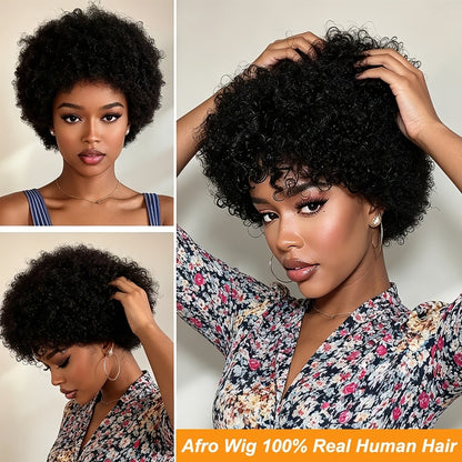 Human Hair Afro Wig Short Kinky Curly Glueless Wig for Black Women Natural Afro Puff Wig 6 Inch Kinky Coily Wig Deep Grey Camel Ginger 70s 80s Cosplay Party Daily Wear