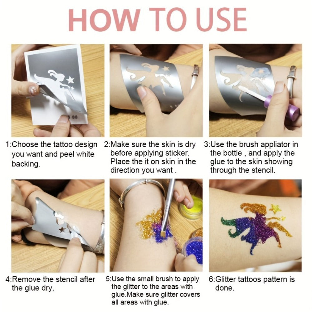 A Temporary Glitter Tattoo Set That Includes 14 Hollow Stencil Sheets for Dazzling Body Art, Along with 2 Brushes, a Bottle of Body Glue, And 6 Jars of Metallic Glitter. Ideal for Festive Celebrations