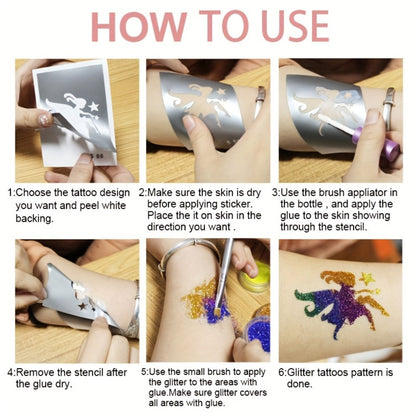 Glitter Tattoo Kit for Kids & Adults - 14 Stencil Sheets, 6 Metallic Colors, Body Glue & 2 Brushes - Temporary Body Art Set for Parties & Festivals